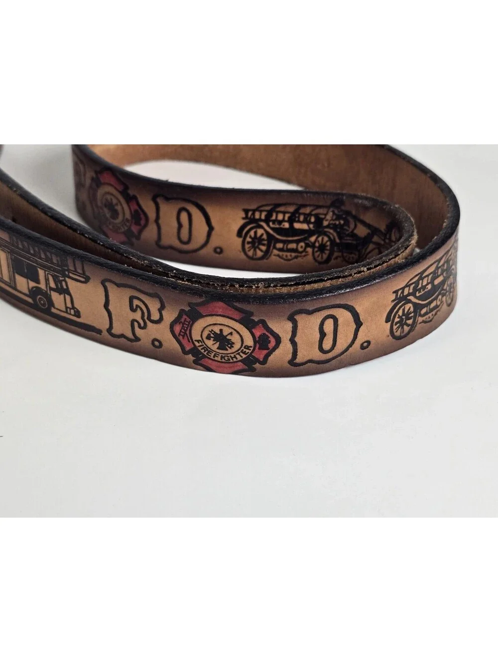 FIRE DEPT RESCUE VOLUNTEER HOOK LADDER EMBOSSED COWHIDE LEATHER BELT MADE USA